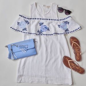 White Linen Cold Shoulder Shift Dress Francesca’s